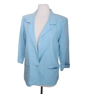 Vintage Linen Ramie Boyfriend Fit Blazer Jacket Womens 10 Blue Minimalist